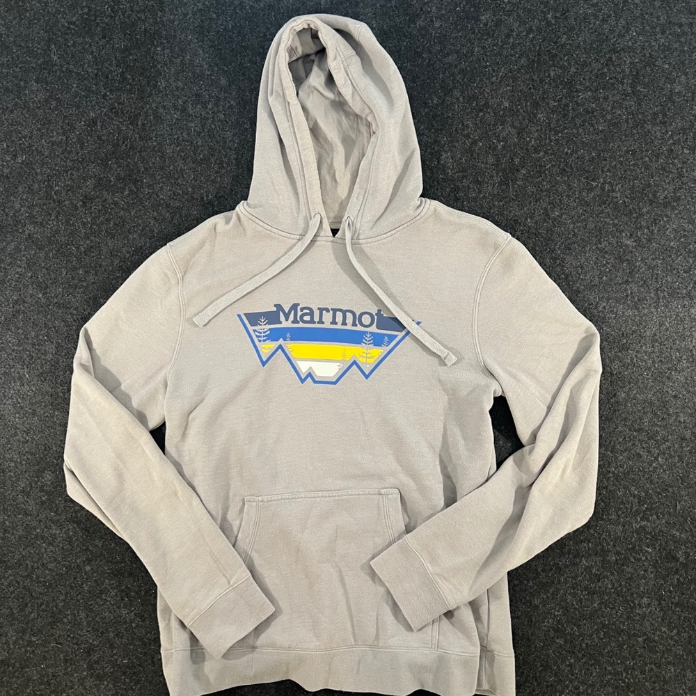 Marmot Hoodie Mens Large Gray Graphic Logo Mountain Hiking Gorpcore Pullover - Picture 2 of 7